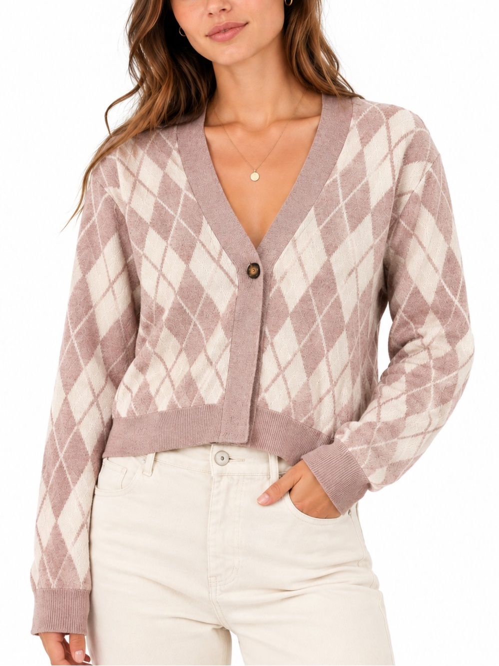 NWT For Love & Lemons Argyle Cassidy cardigan sweater preppy mauve size XS NEW